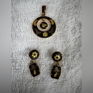 Vintage Black and Gold Enamel Pendant & Earring Set - Estate Sale Find